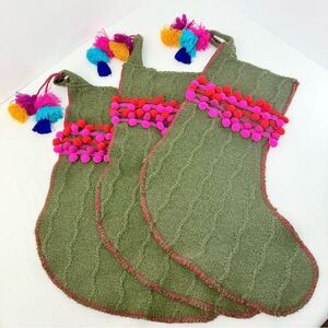 Natural Life Set of 3 Boho Christmas Stockings in Green Cable Knit PomPom Trim